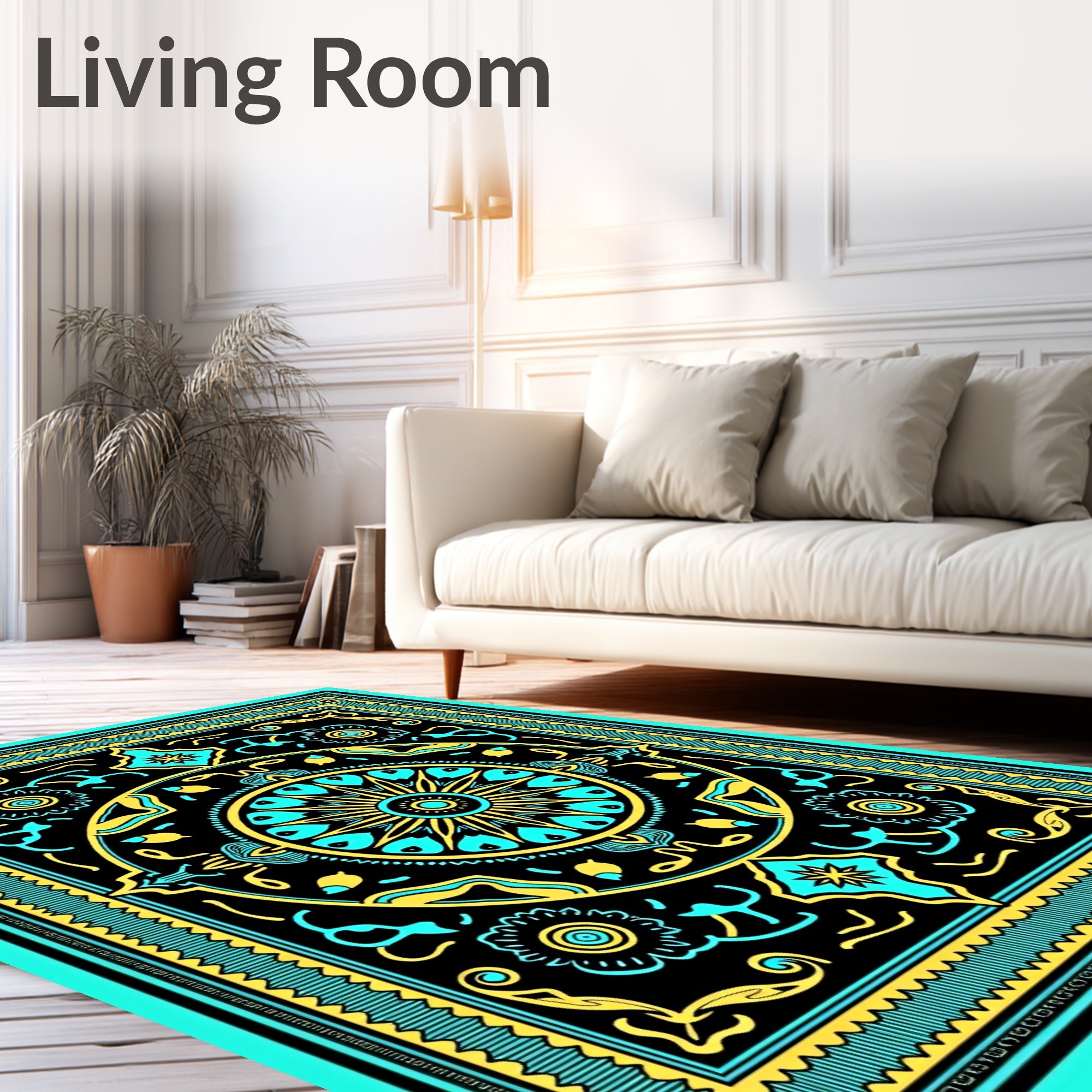 Turquoise Yellow Sunburst Mandala Rug