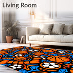 Bright Orange Basketball Soccer Swirl Rug
