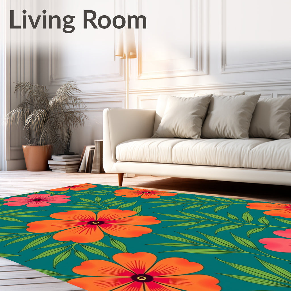 Tropical Orange Pink Floral Teal Rug