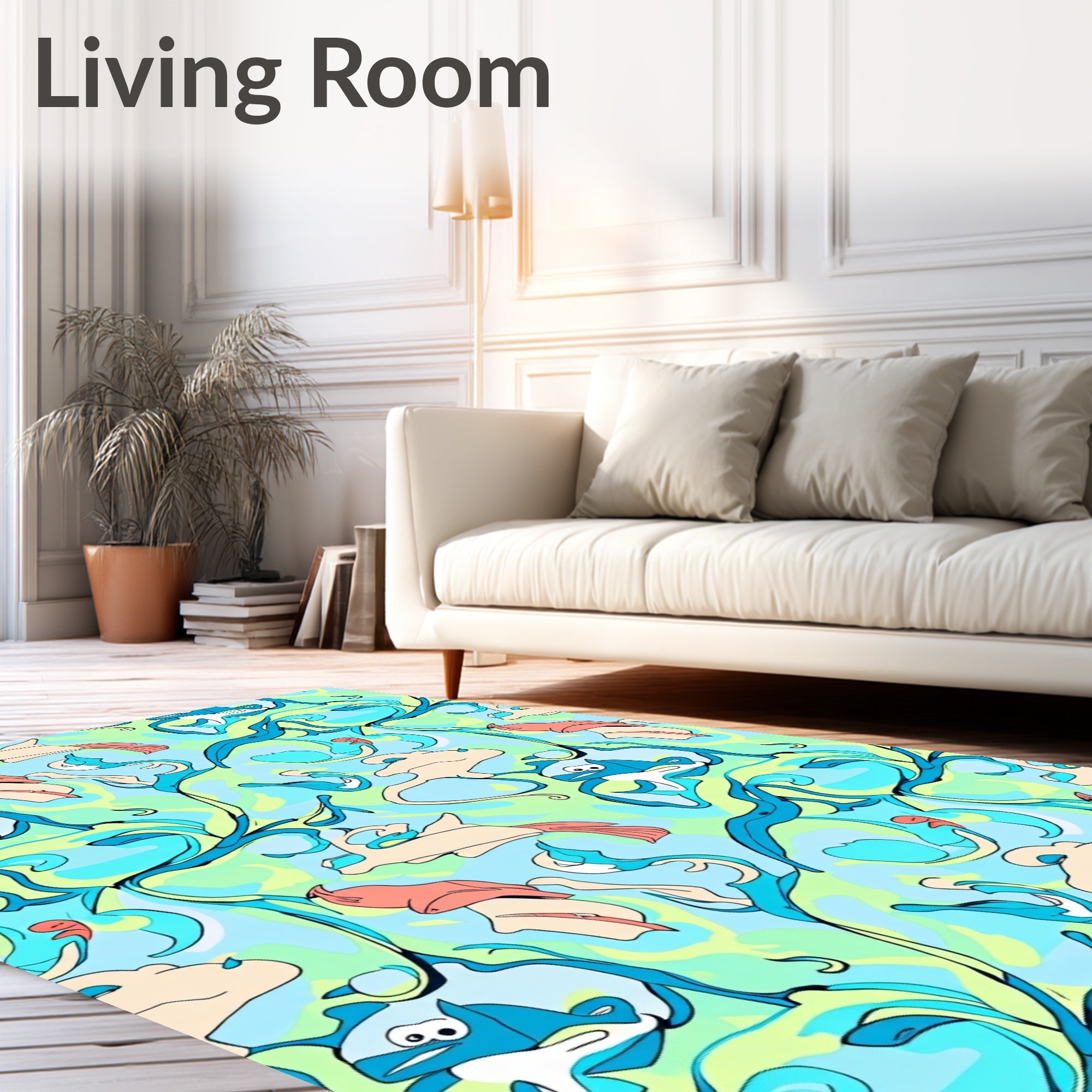 Whimsical Blue Coral Aquatic Creatures Rug