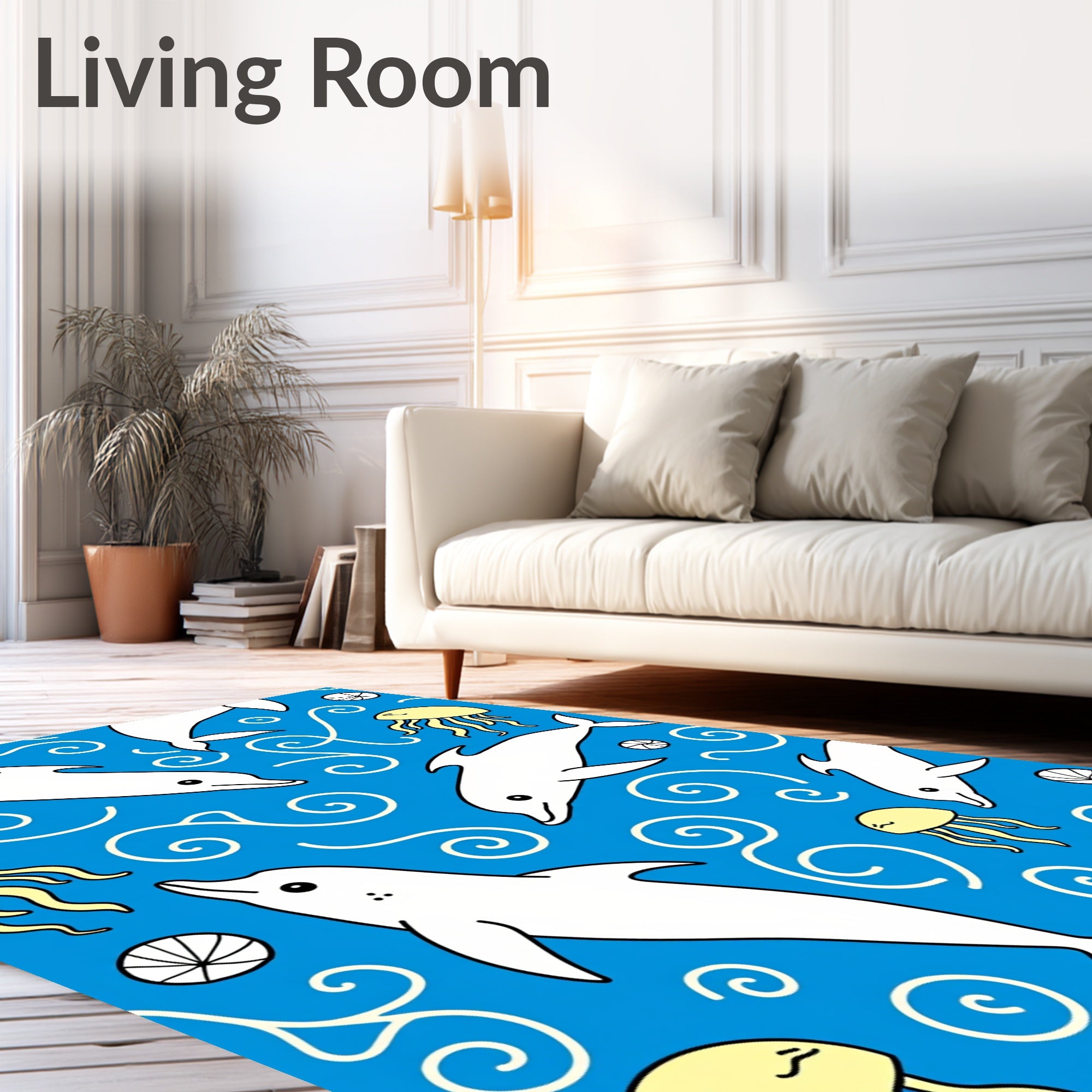 Playful White Dolphins Yellow Jellyfish Blue Ocean Rug