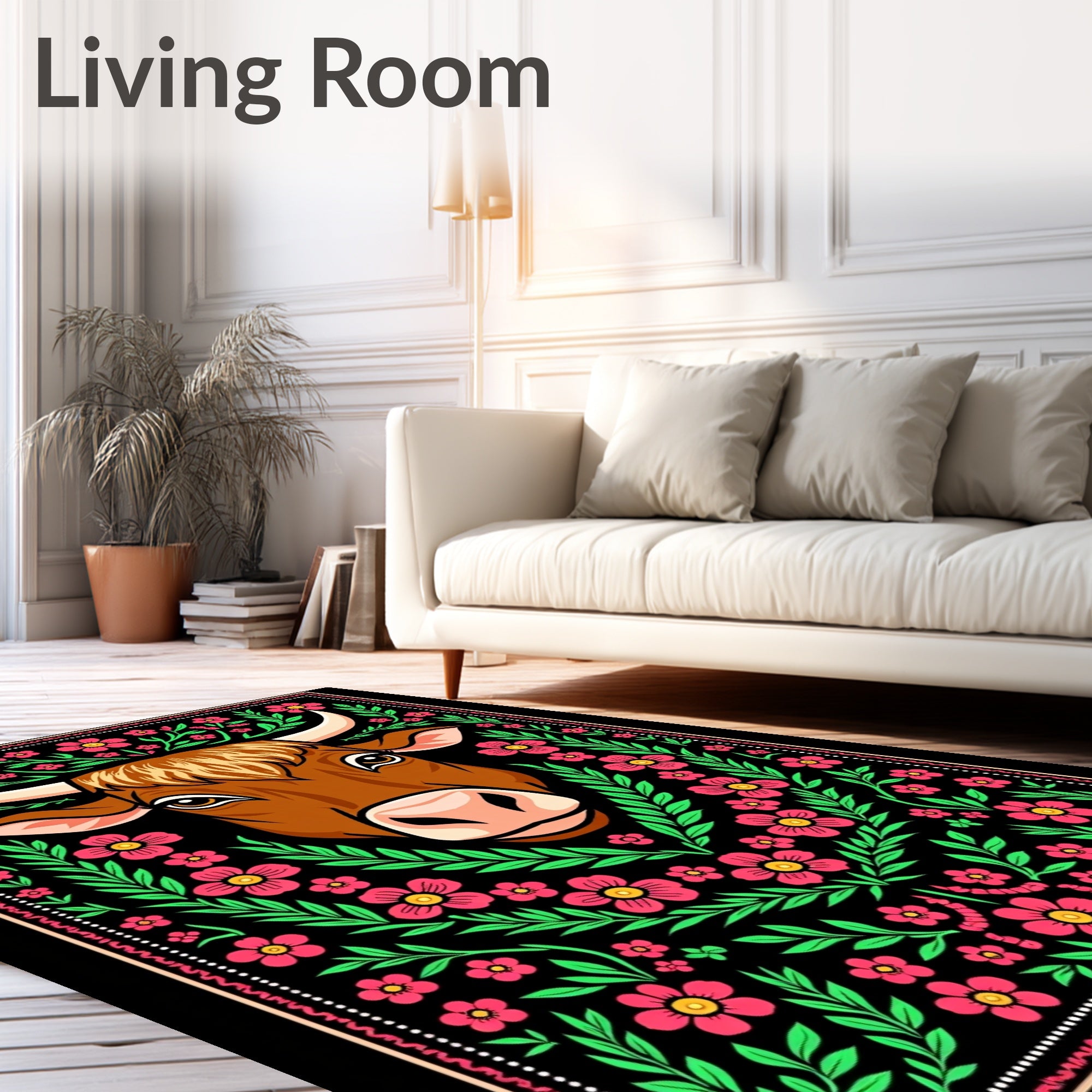 Brown Bull Pink Floral Garden Border Rug