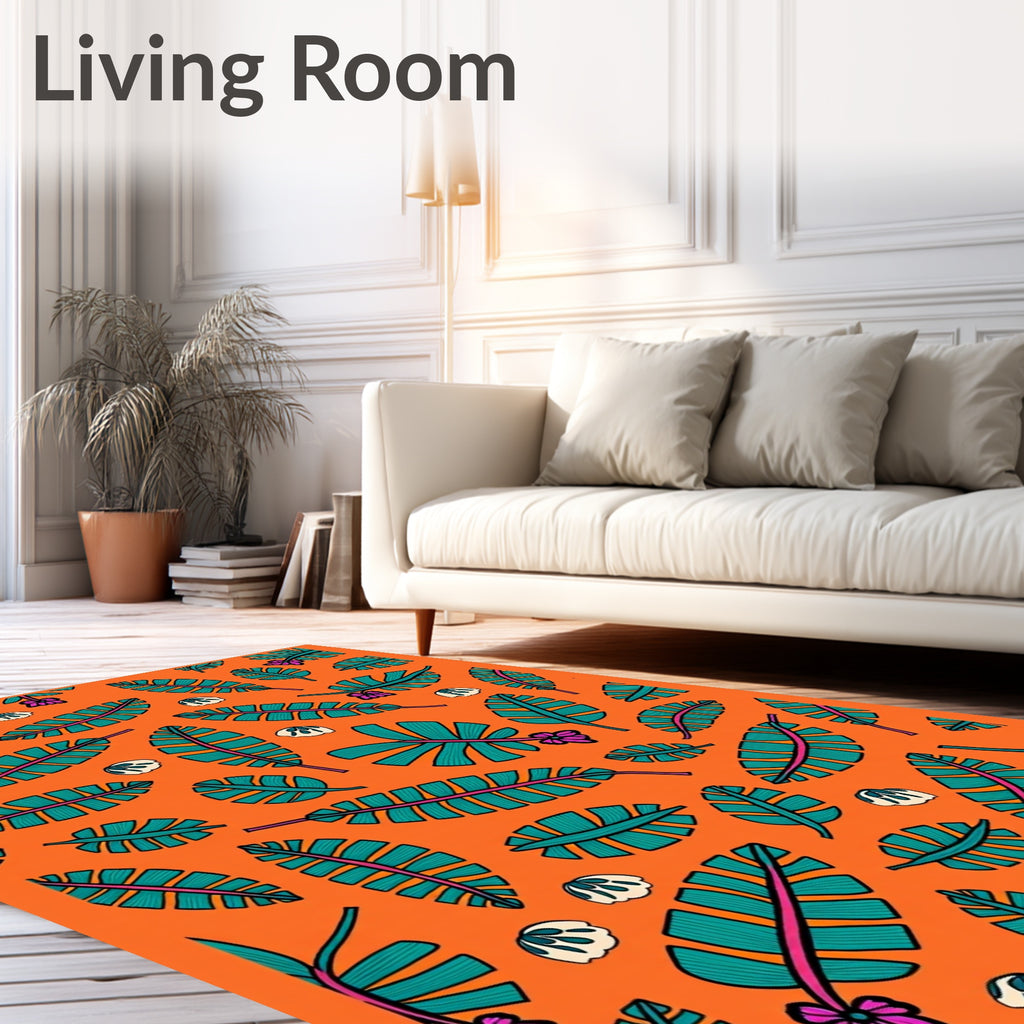 Tropical Leaf Print Orange Rug