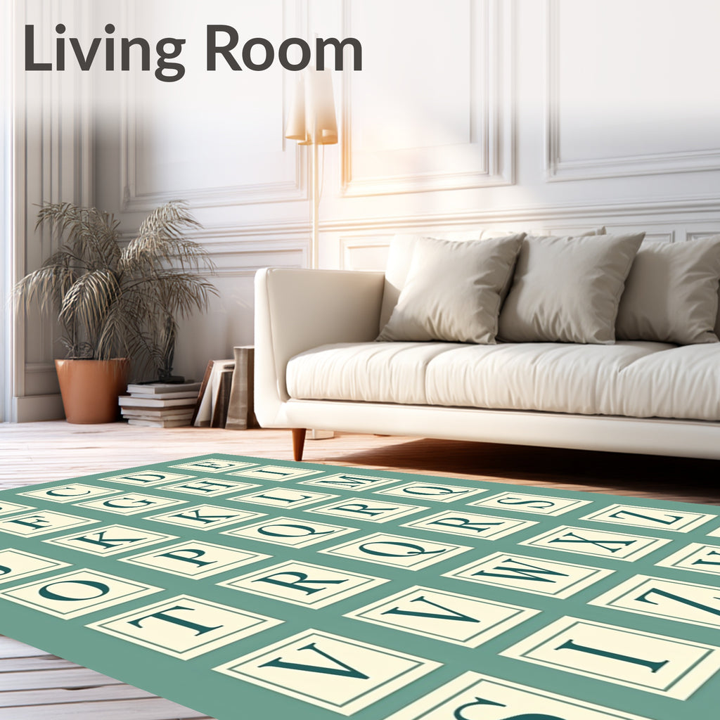 Alphabet Grid Teal Ivory Classic Squares Rug