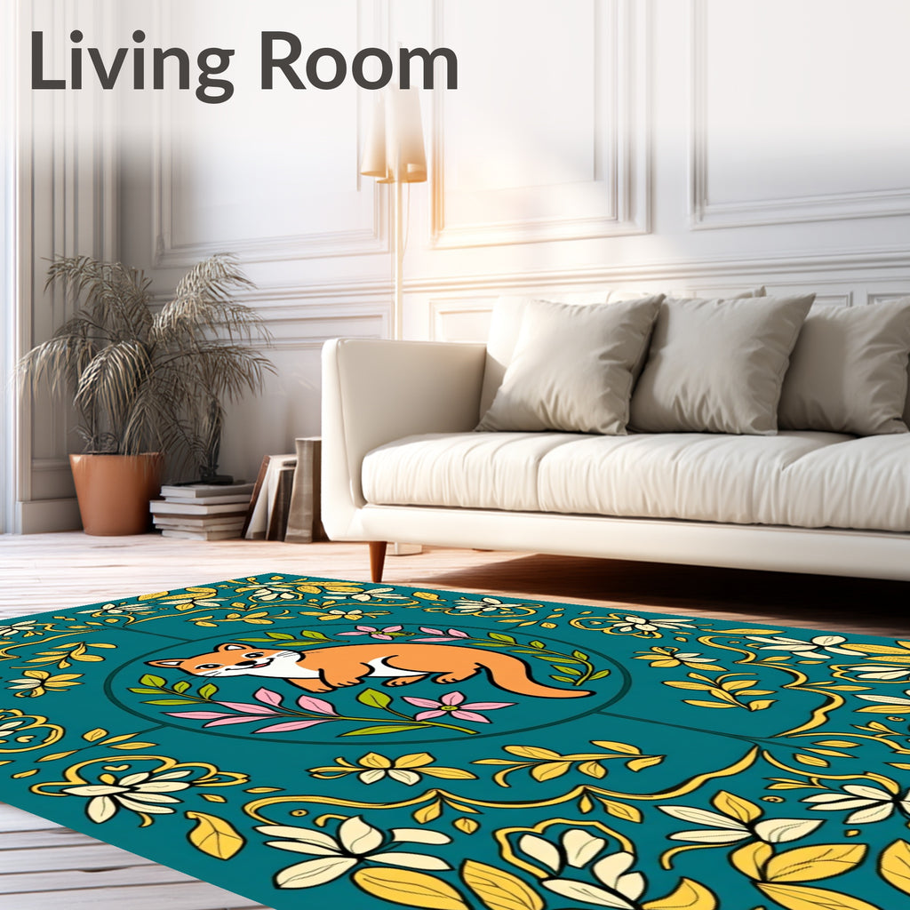 Whimsical Fox Floral Laurel Border Rug