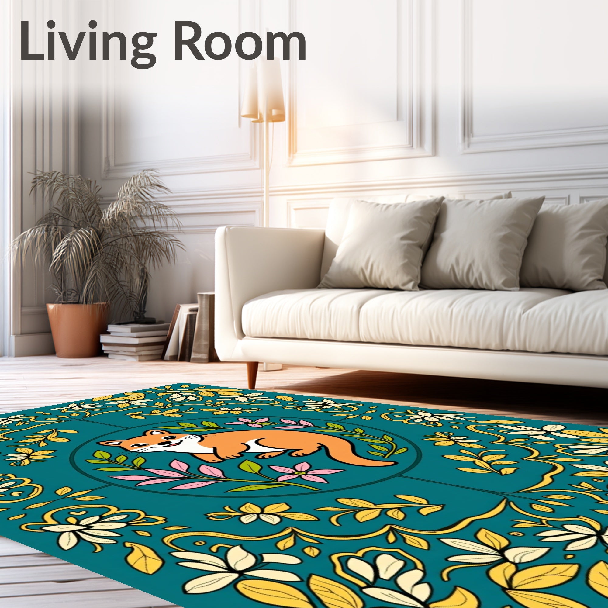 Whimsical Fox Floral Laurel Border Rug
