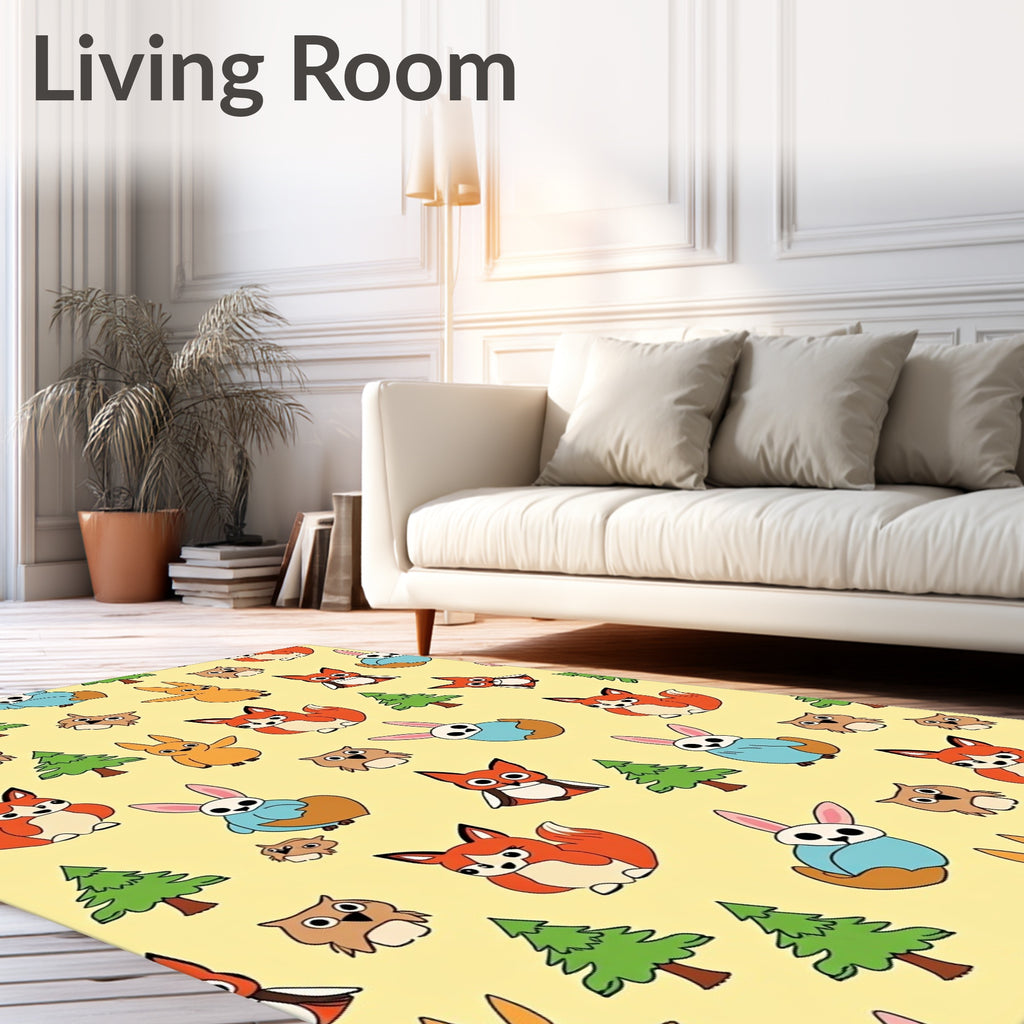 Whimsical Woodland Creatures Orange Fox Bunnies Owls Rug