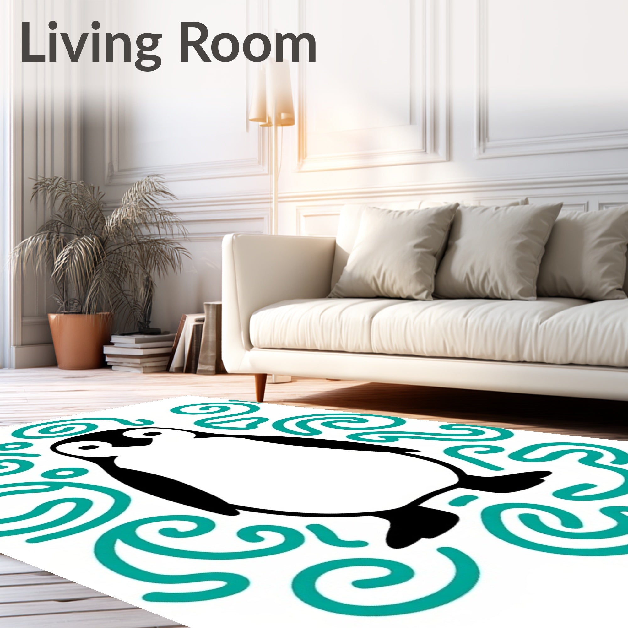 Whimsical Teal Penguin Swirls Rug