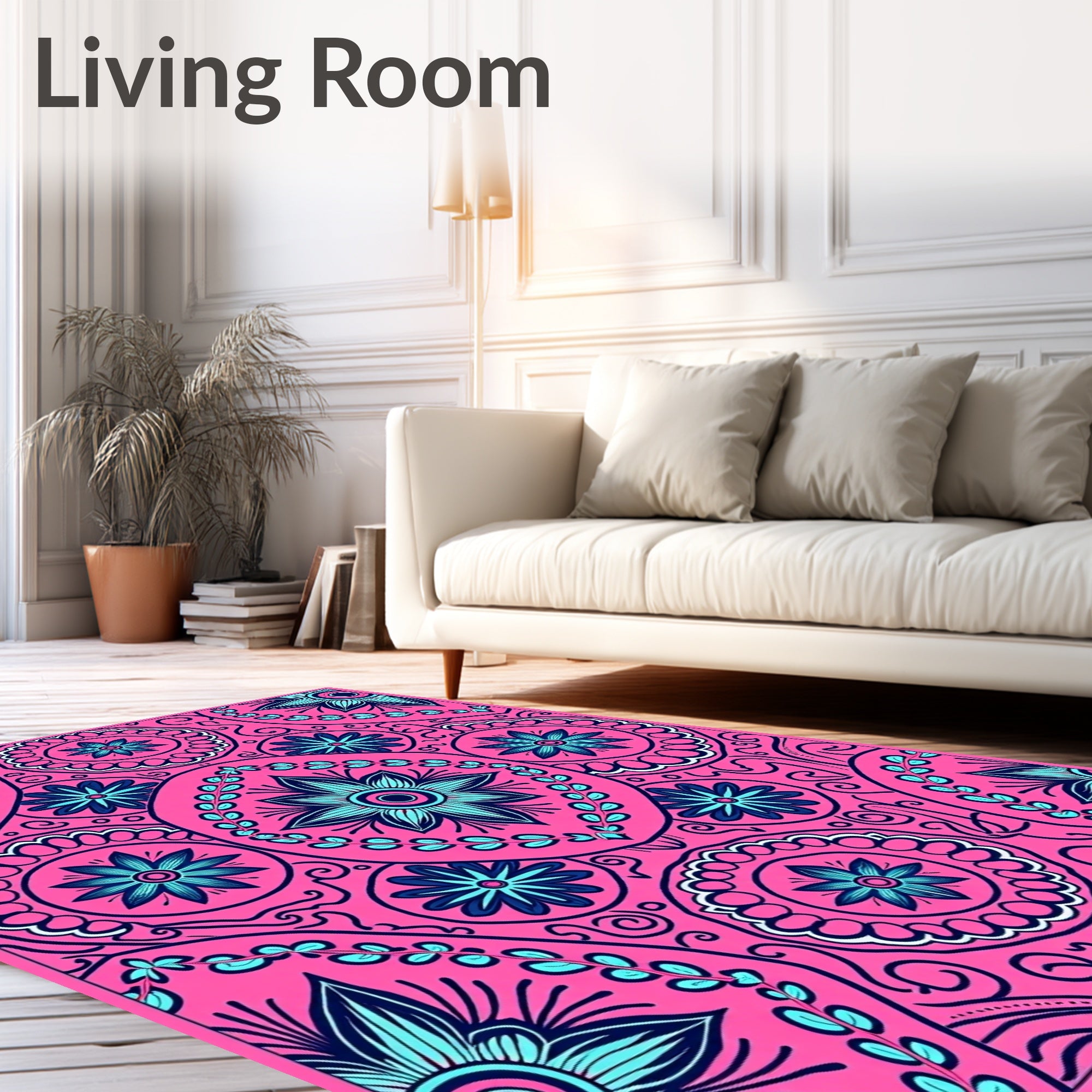Vibrant Pink Cyan Floral Medallion Rug