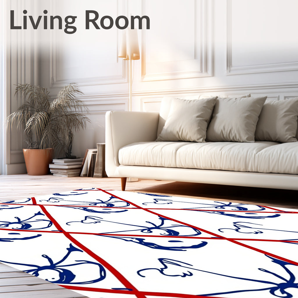 Red Diamond Grid Navy Floral Rug