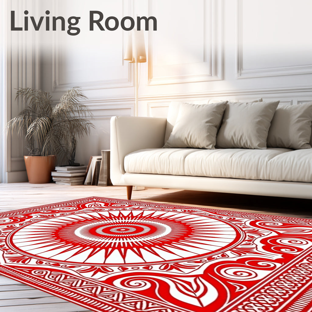 Crimson Sunburst Mandala Border Rug