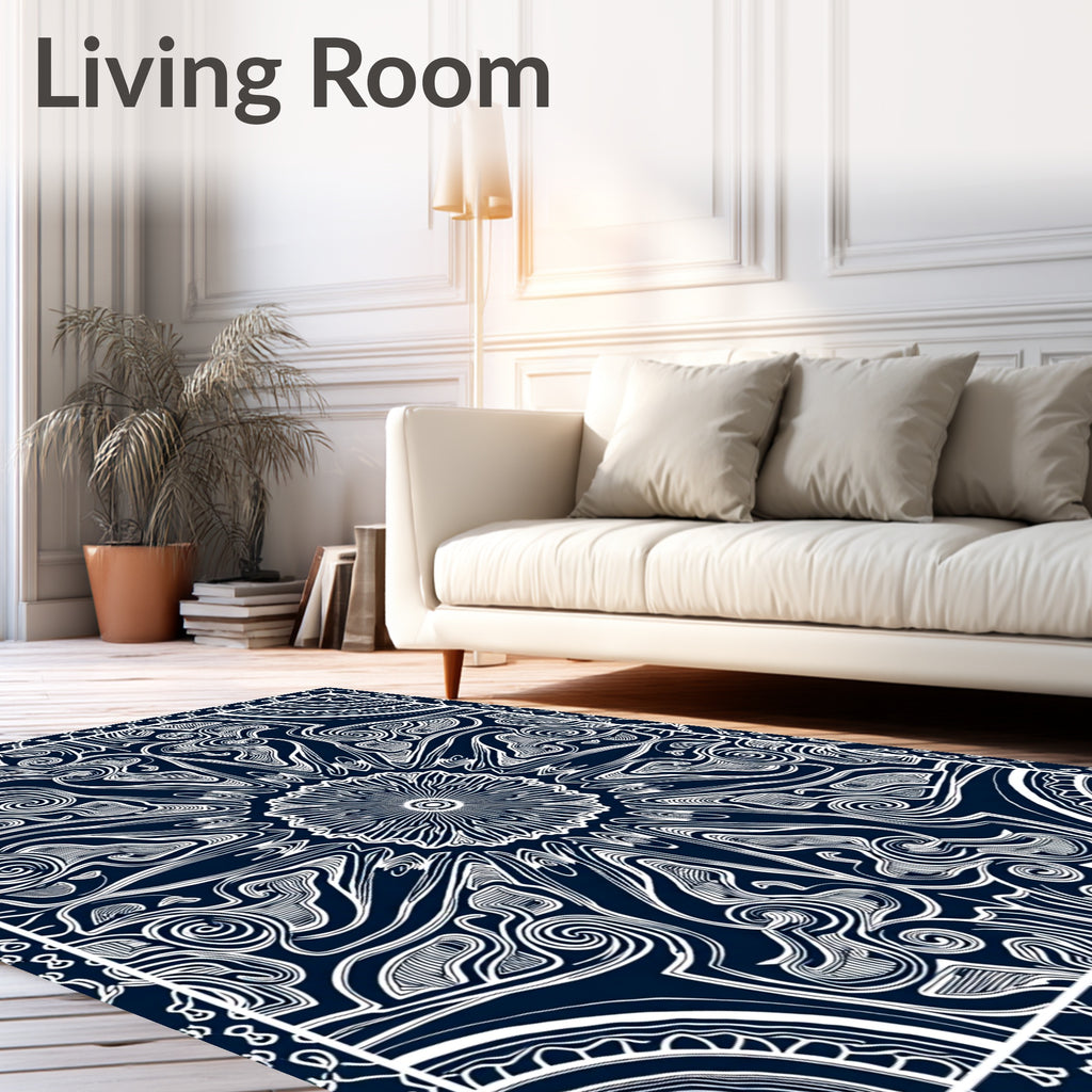 Ornate Indigo White Floral Scroll Rug