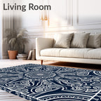 Ornate Indigo White Floral Scroll Rug
