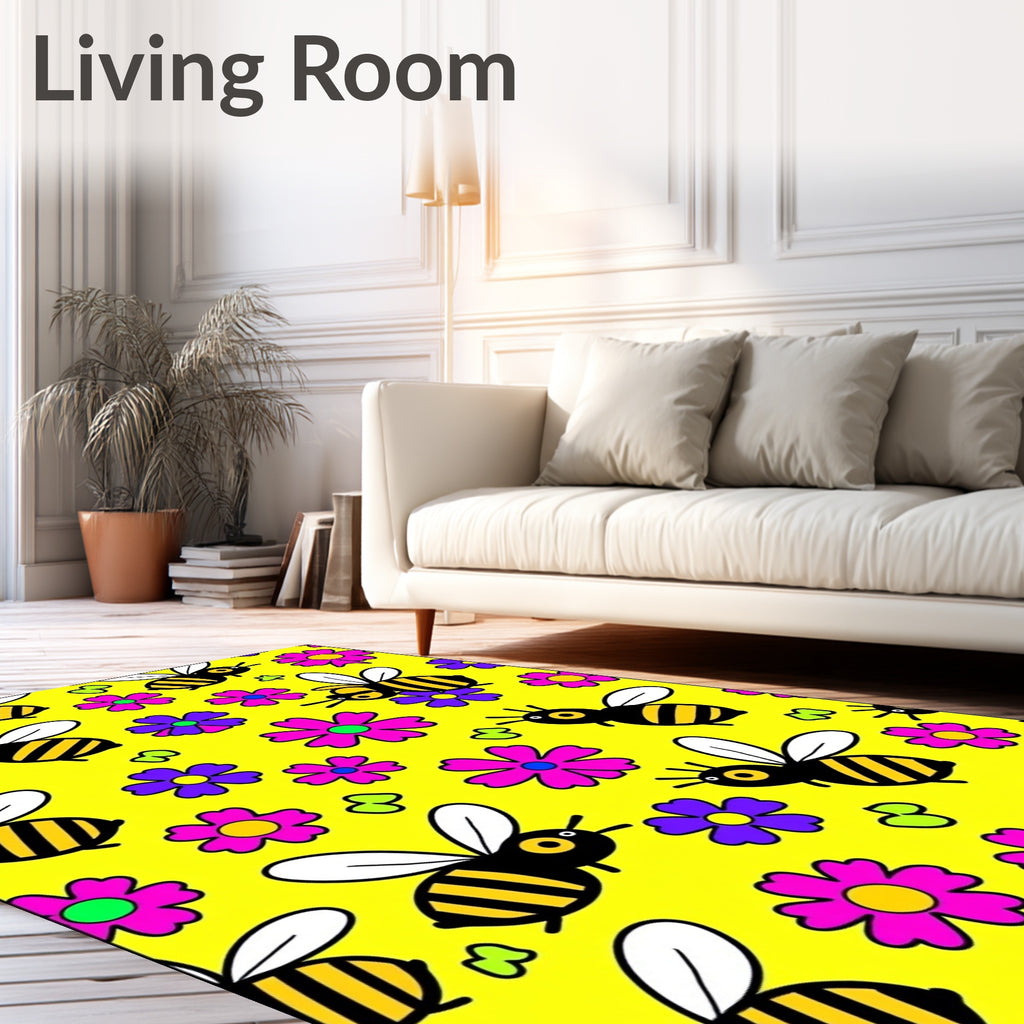 Whimsical Bumblebee Floral Yellow Meadow Rug