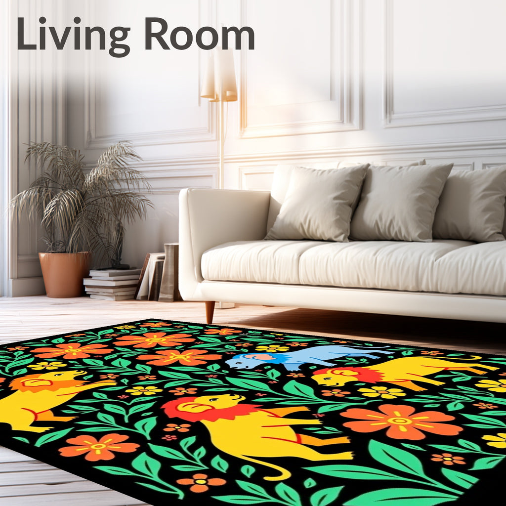Bright Yellow Lions Green Foliage Rug