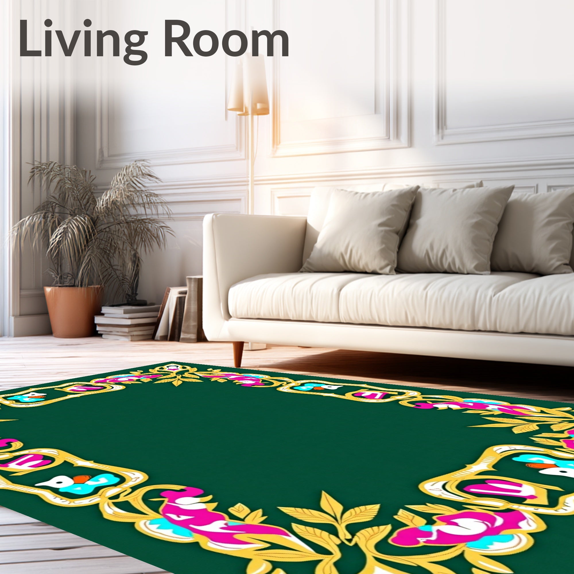 Golden Emerald Floral Frame Rug