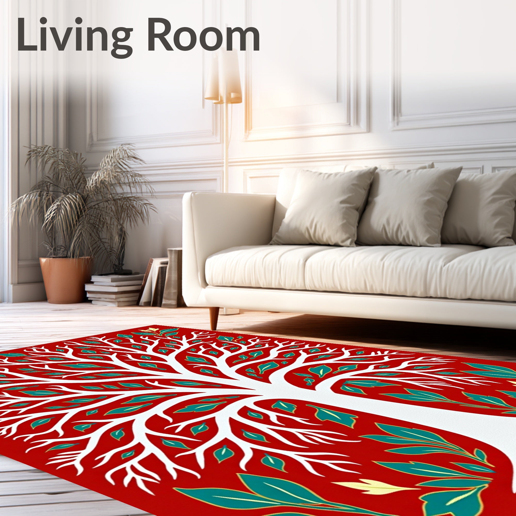 White Tree Red Teal Foliage Art Rug