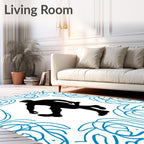 Black Silhouette Figure Blue Swirl Frame Rug