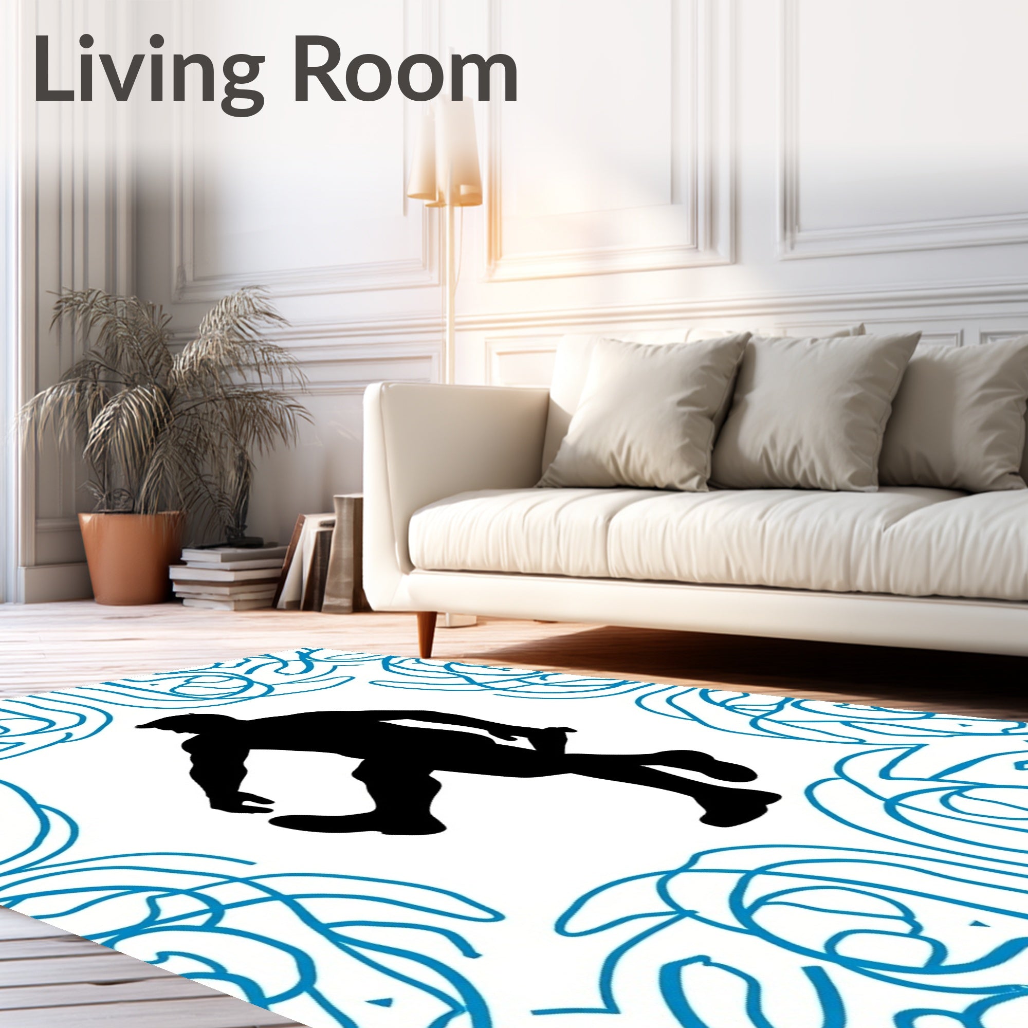 Black Silhouette Figure Blue Swirl Frame Rug