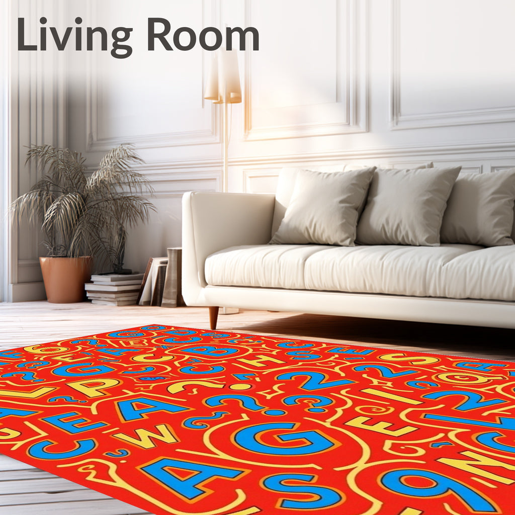 Red Alphabet Question Mark Collage Rug