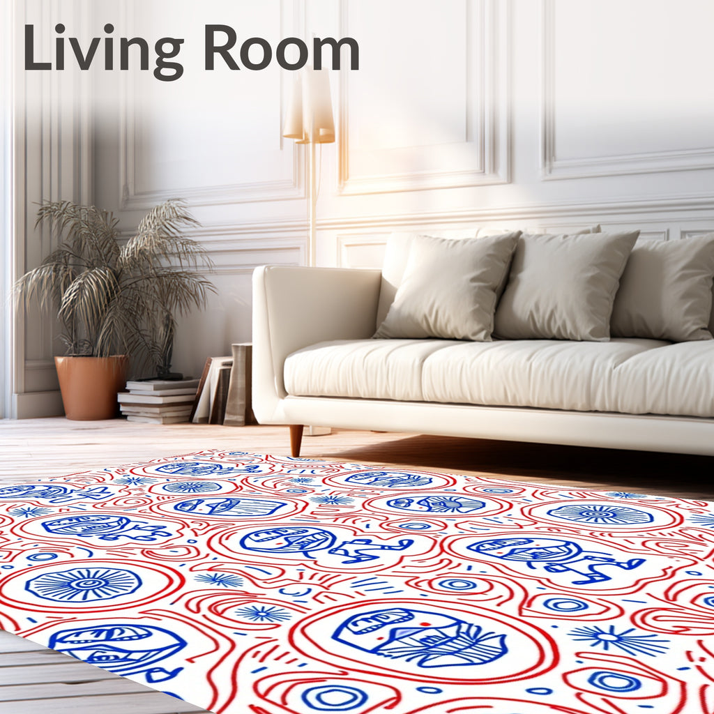 Red Blue Whimsical Character Fusion Rug