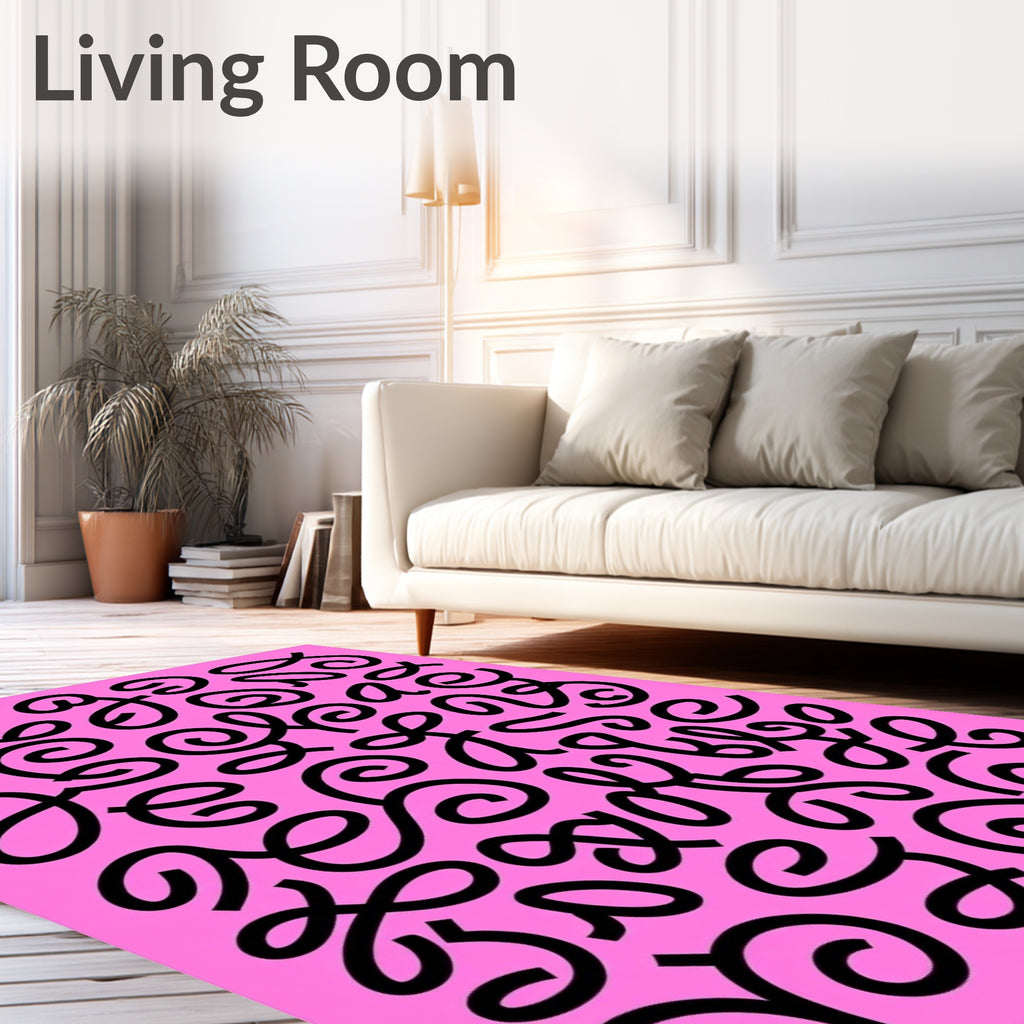 Bright Pink Curlicue Script Collage Rug