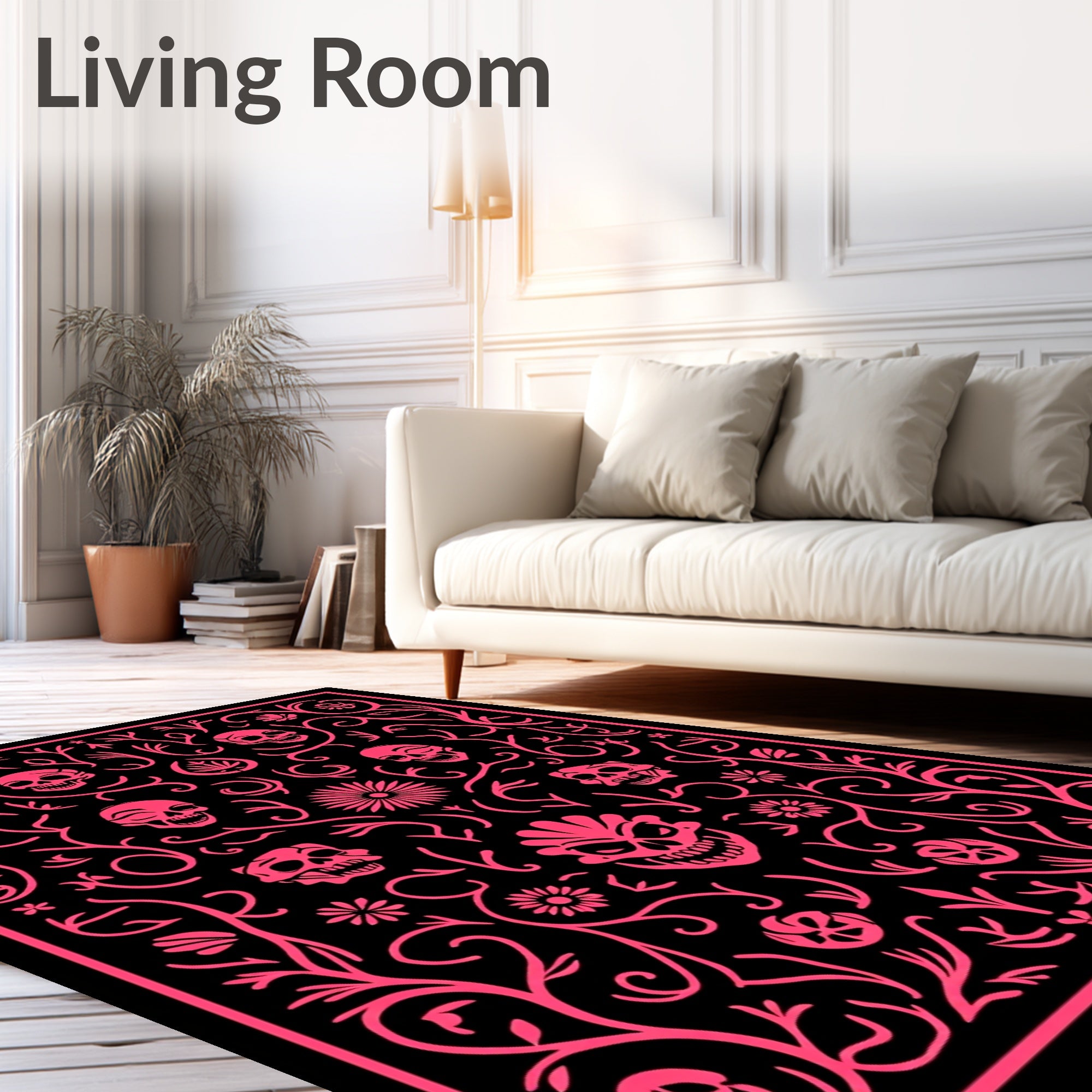 Pink Skulls Floral Vines Arrangement Rug
