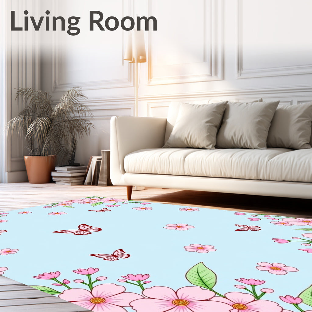 Pink Blossom Butterfly Garden Scenery Rug