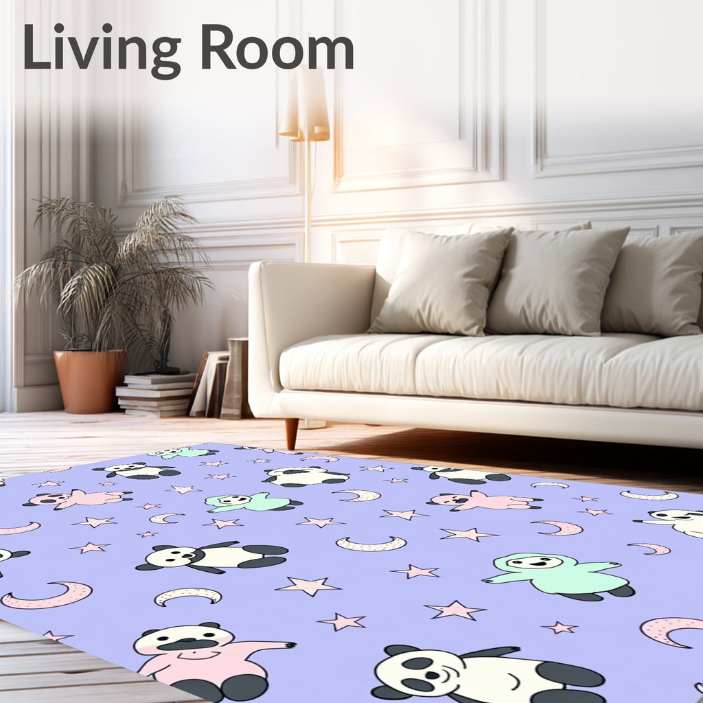 Whimsical Panda Moon Stars Lavender Rug