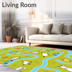 Whimsical Green Farm Animal Road Race Rug