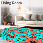 Coral Floral Vines Aqua Background Rug
