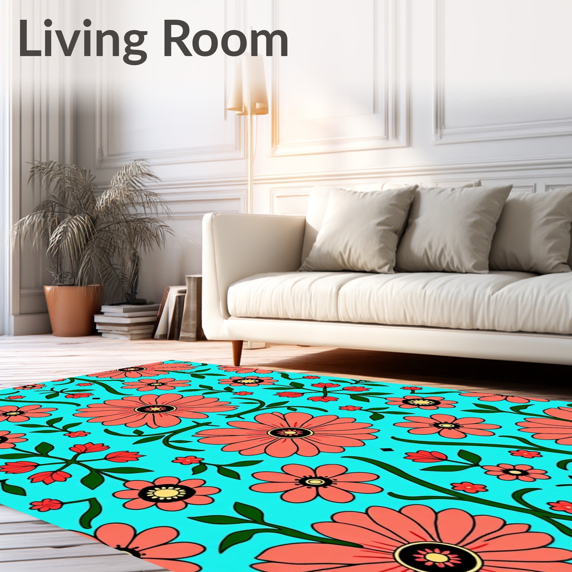 Coral Floral Vines Aqua Background Rug