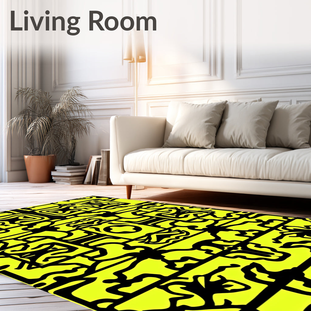 Bold Yellow Black Abstract Interlocking Shapes Rug