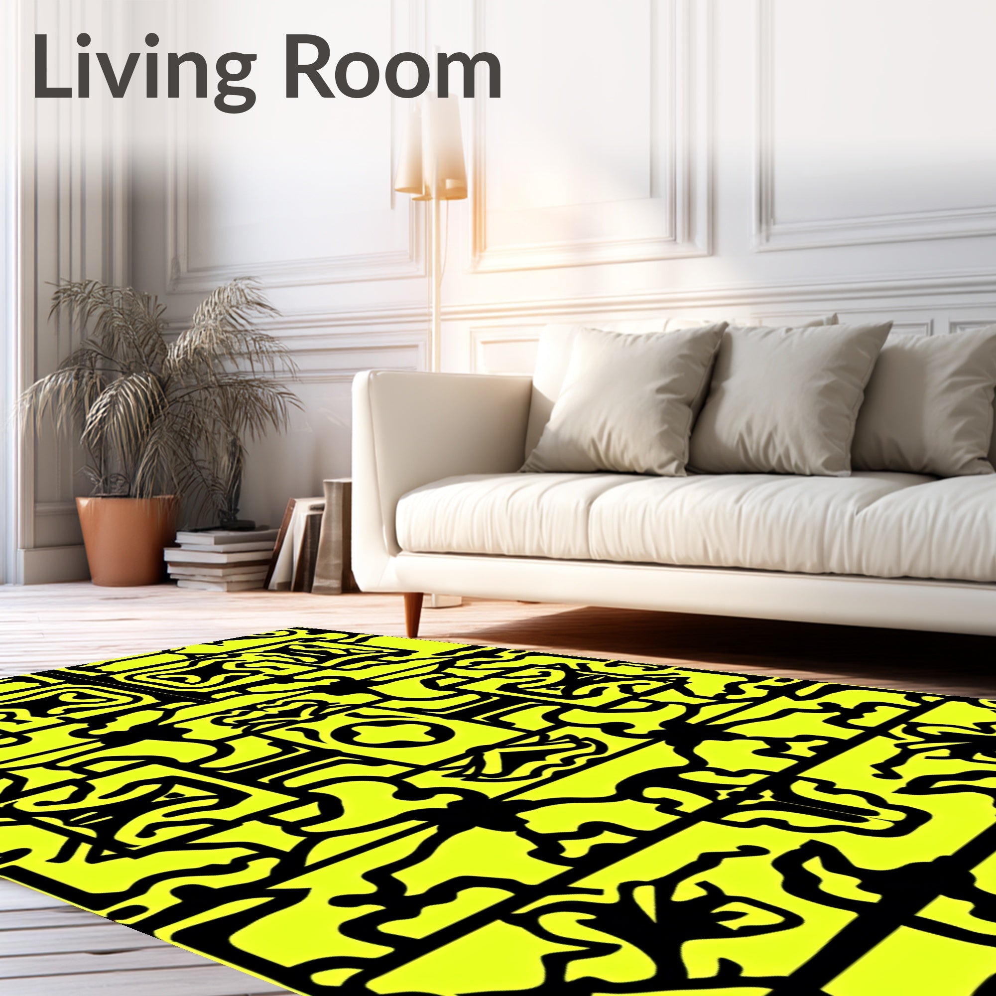 Bold Yellow Black Abstract Interlocking Shapes Rug