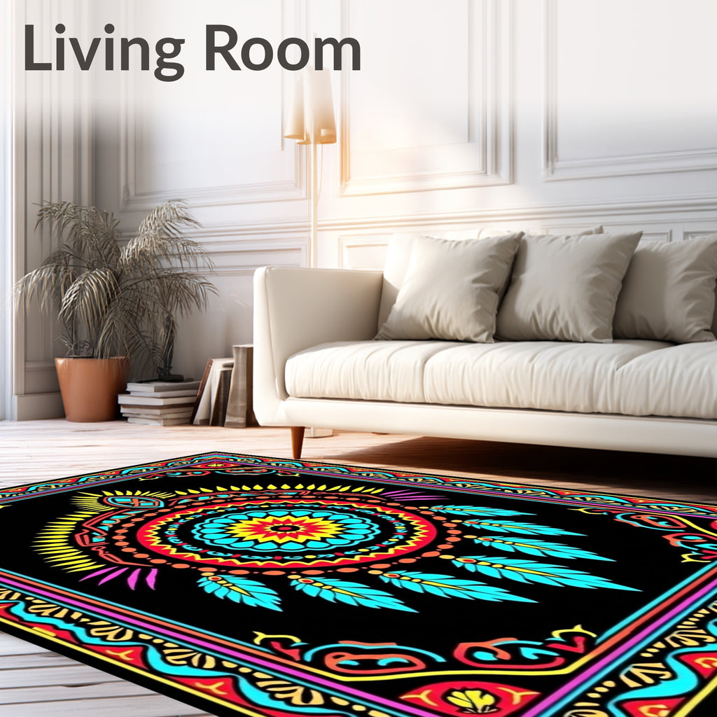 Vibrant Feather Mandala Black Rug