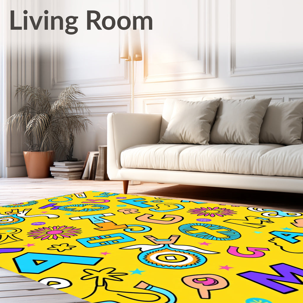 Whimsical Alphabet Flowers Retro Collage Rug