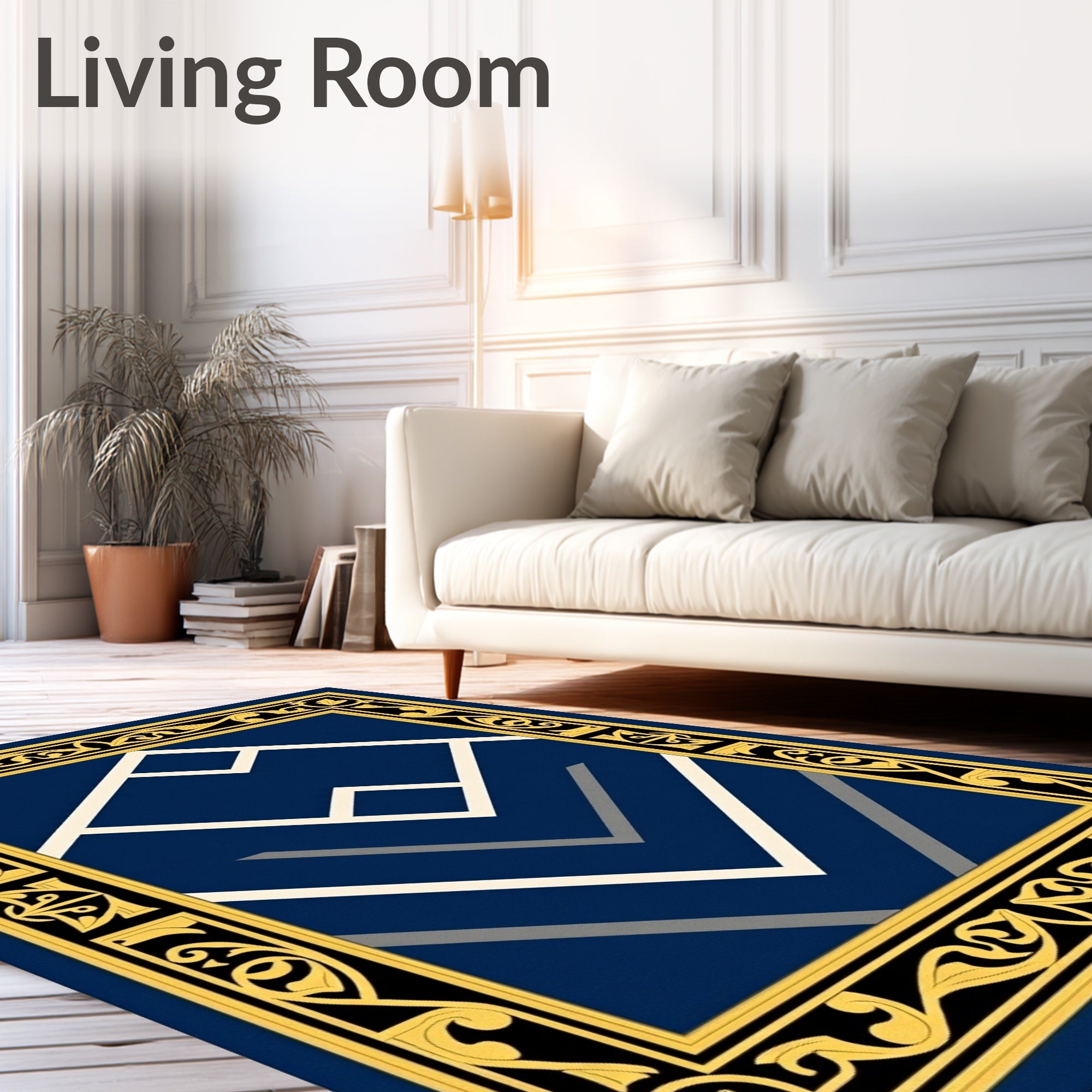 Navy Blue Bordered Geometric Diamond Rug
