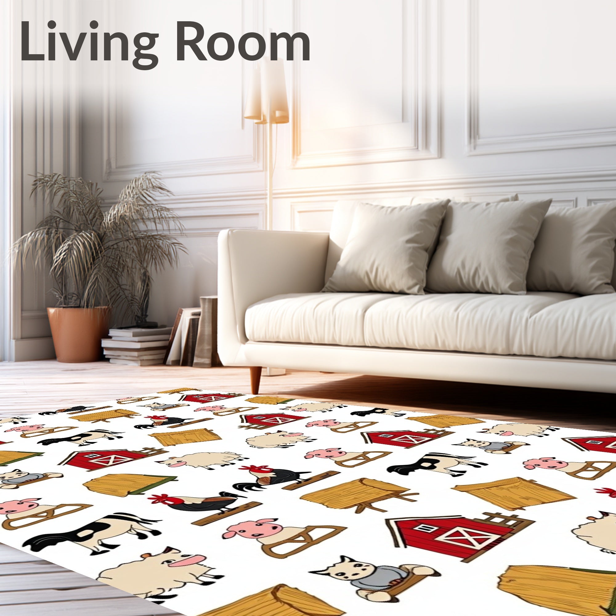 Farm Animals Barn Hay Bales Whimsical Red Rug