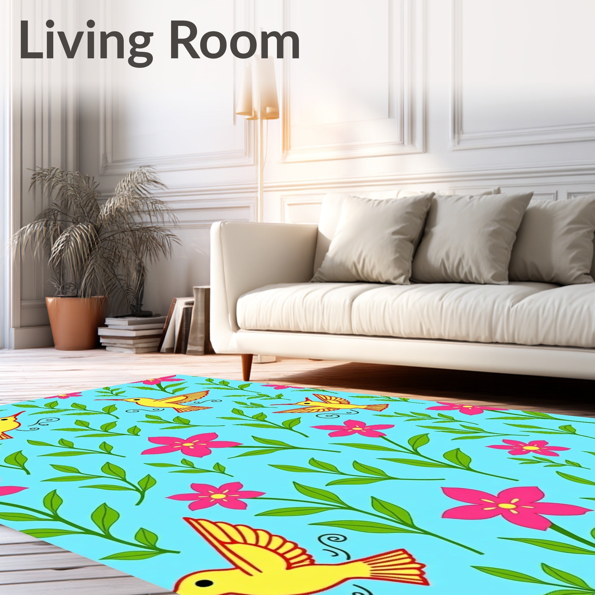 Yellow Hummingbird Pink Flower Garden Rug