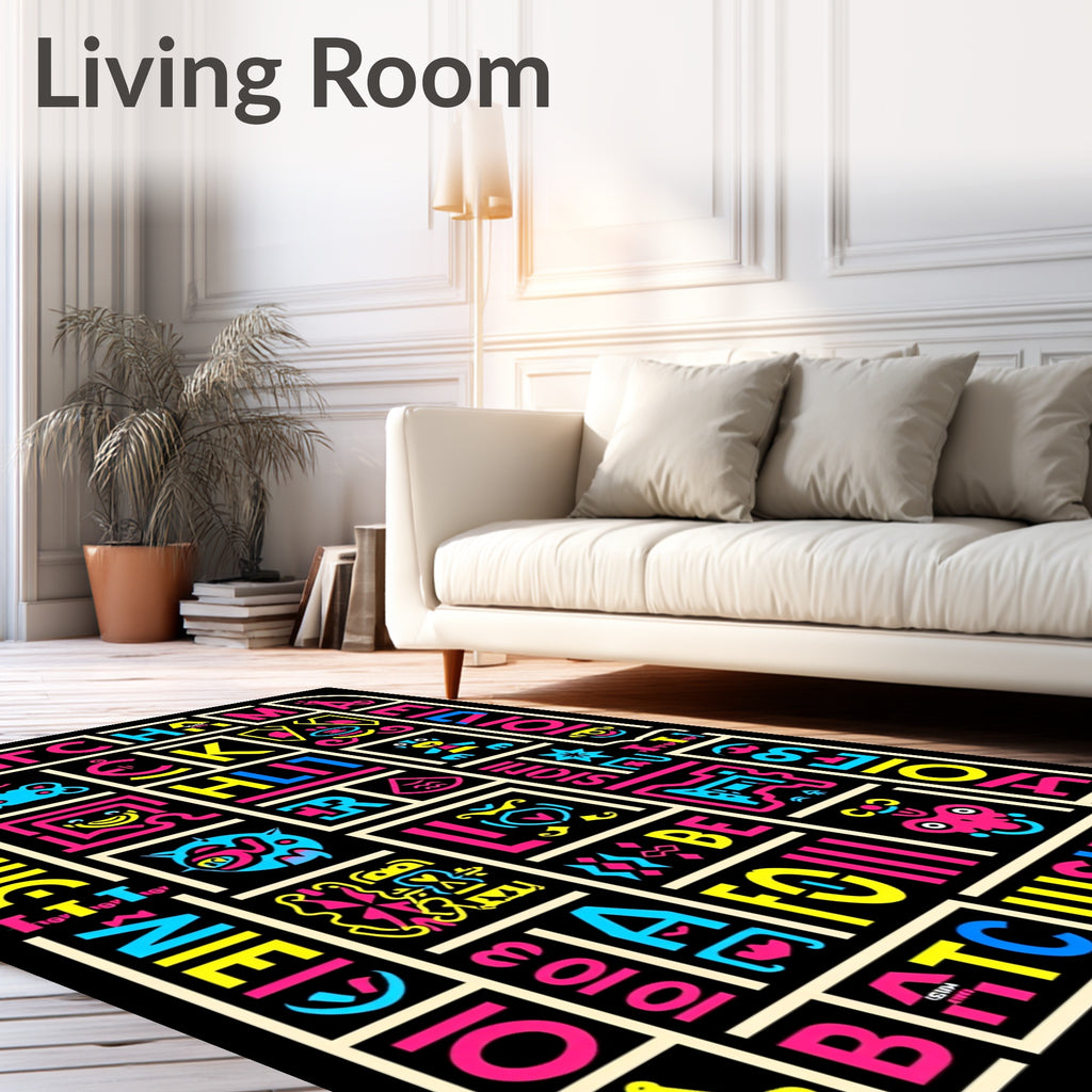 Bold Neon Alphabet Characters Collage Rug