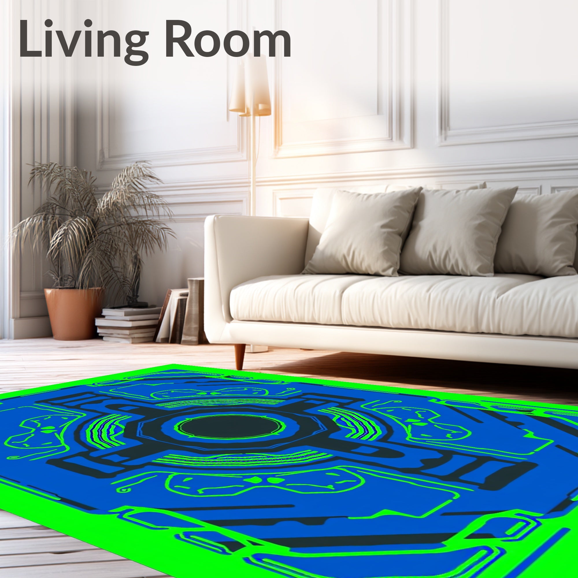 Bright Neon Blue Geometric Schematic Rug