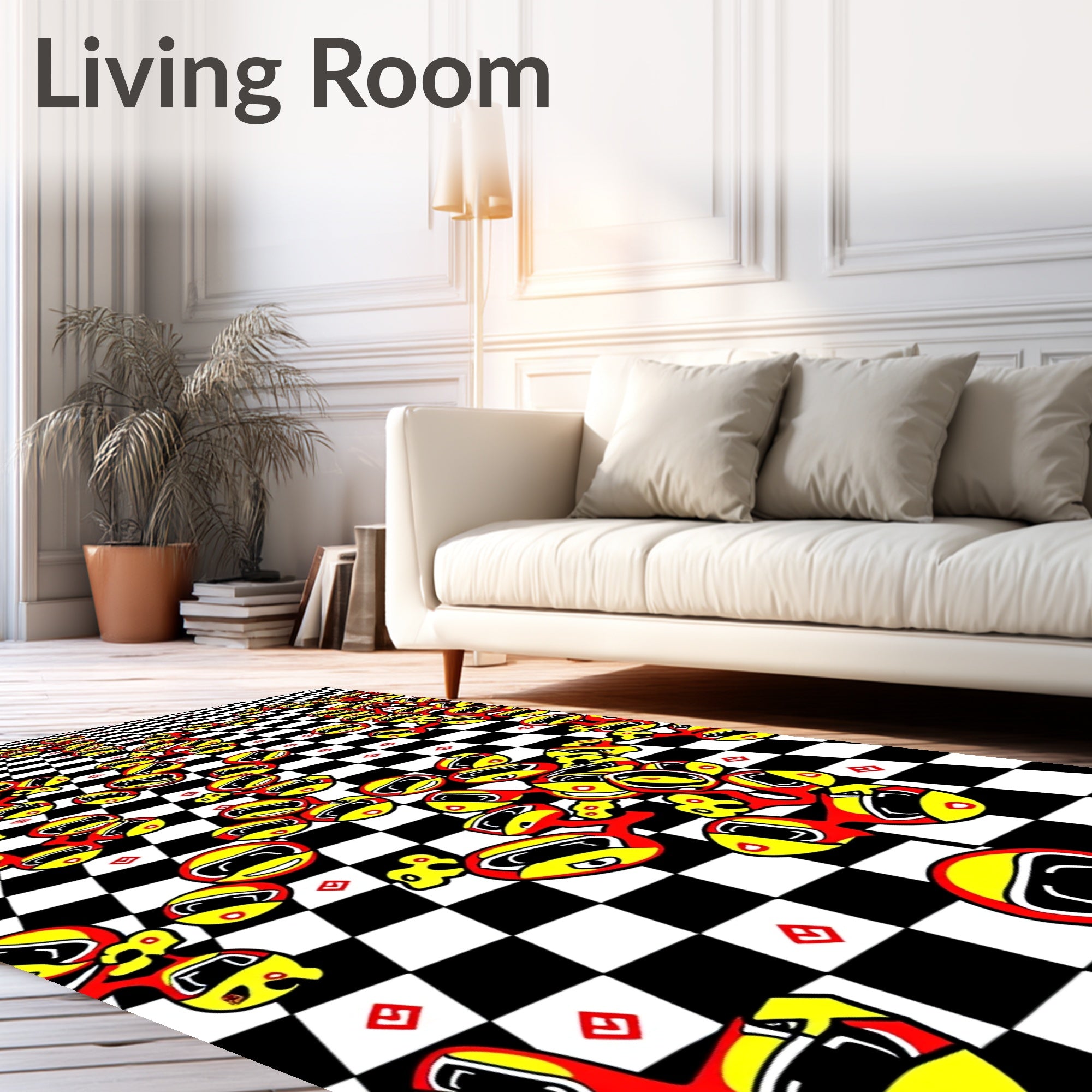 Red yellow cartoon racing characters checkerboard Rug