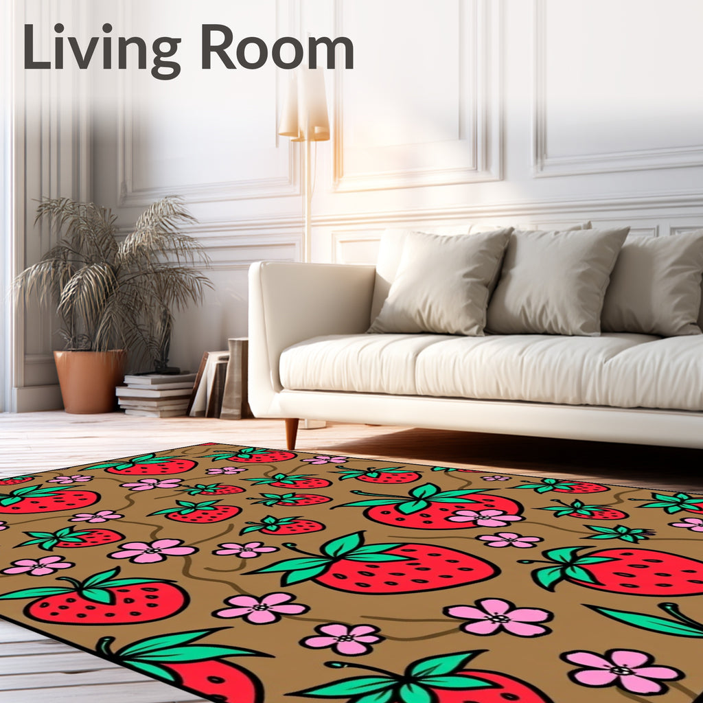 Whimsical Red Strawberry Pink Flower Garden Rug