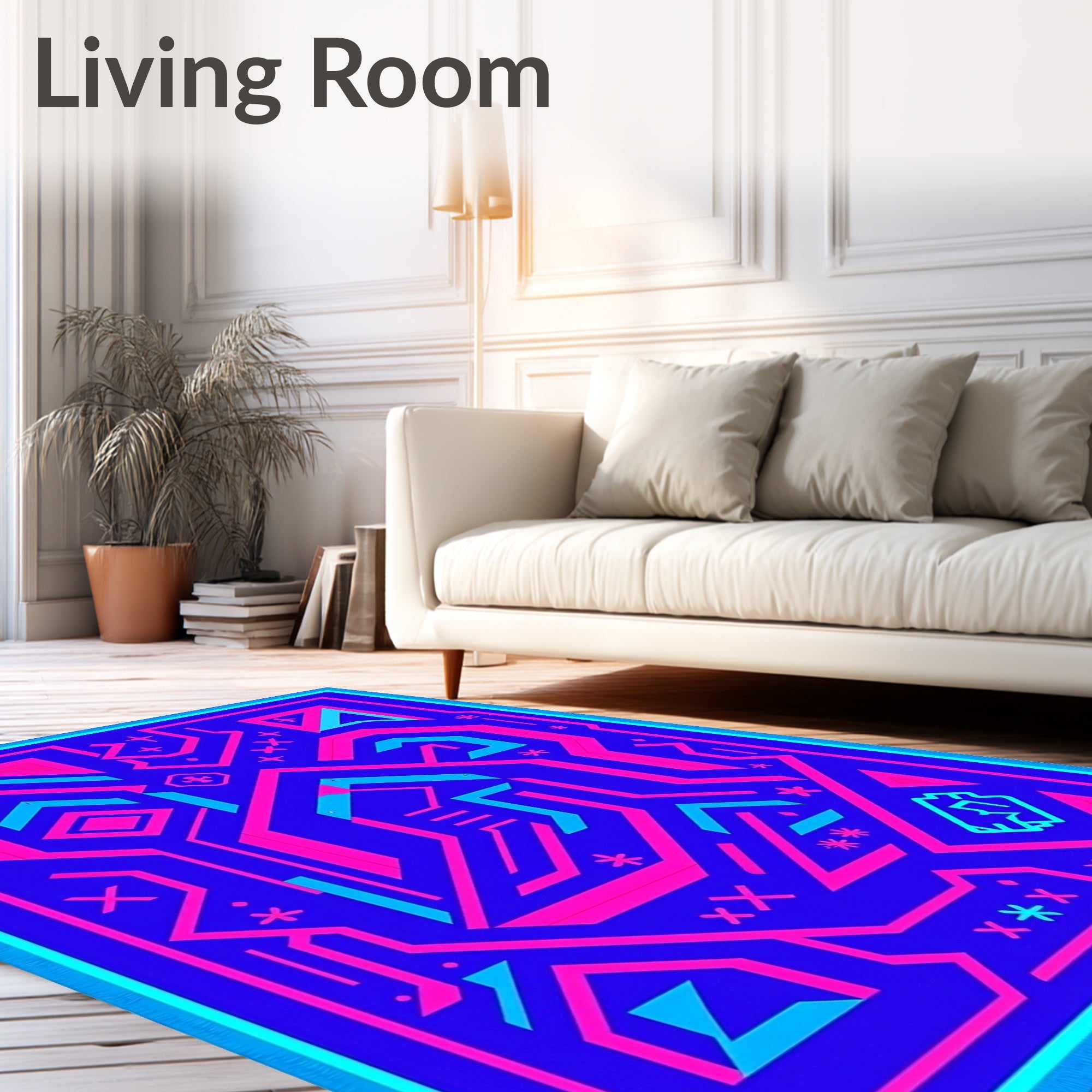 Vibrant Blue Pink Geometric Circuit Rug