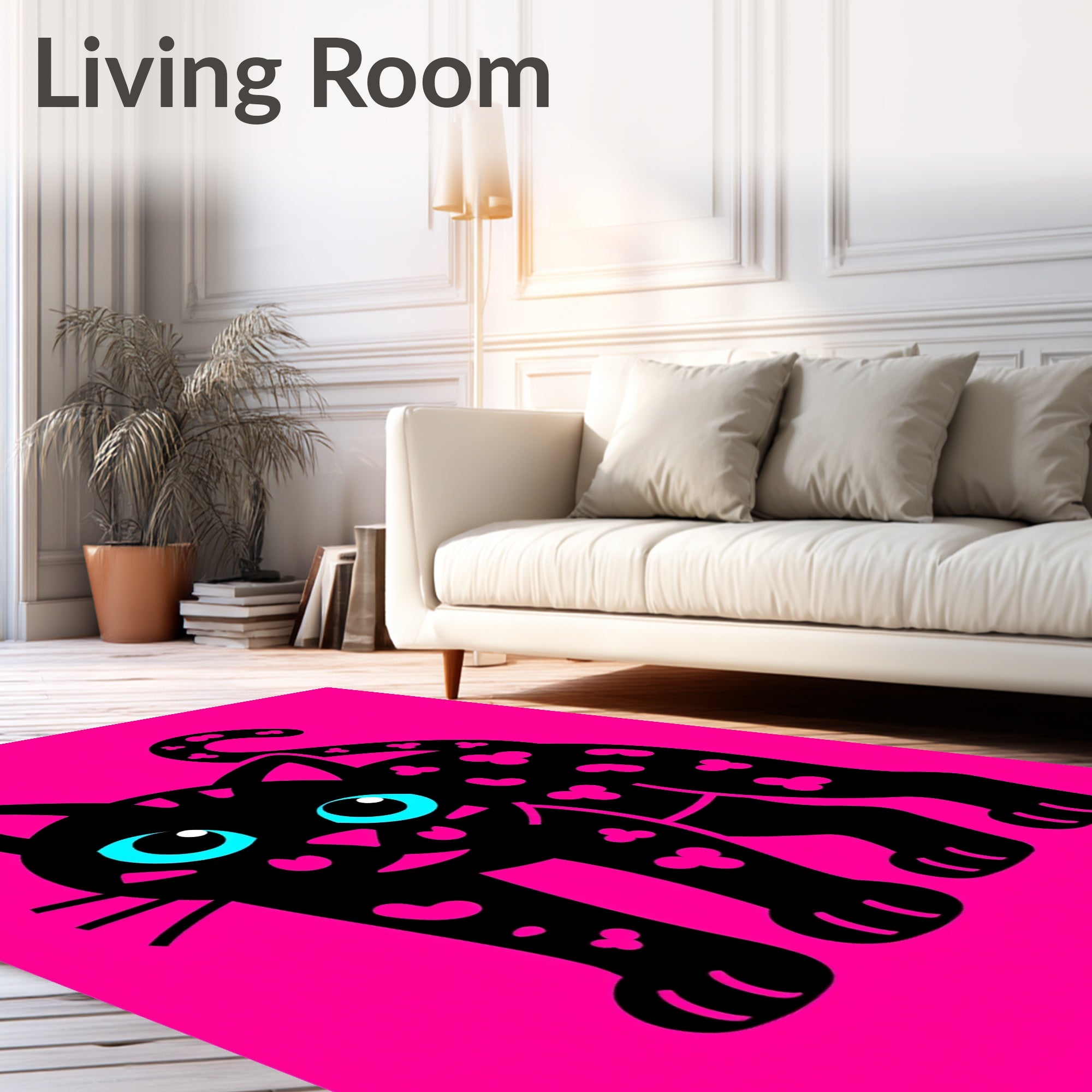 Black Feline Pink Clover Accents Rug