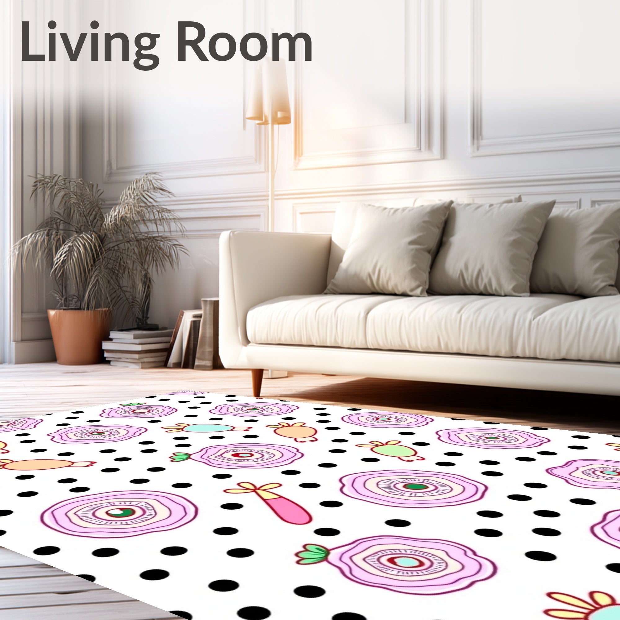Whimsical Pink Flower Polka Dot Rug