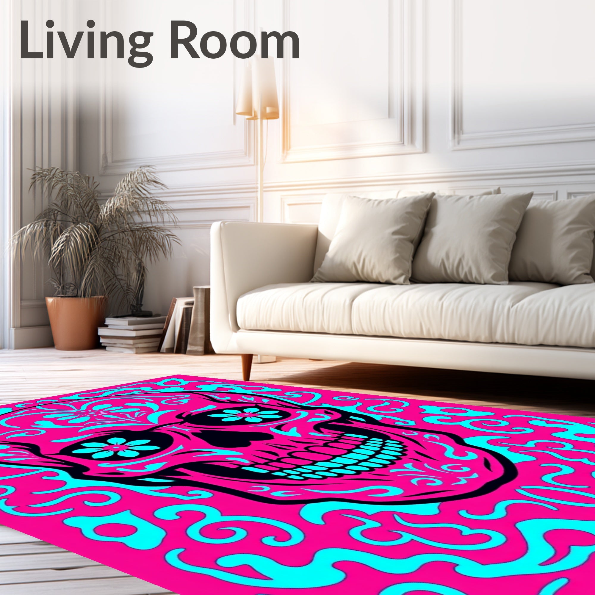 Vibrant Pink Cyan Skull Foliage Rug