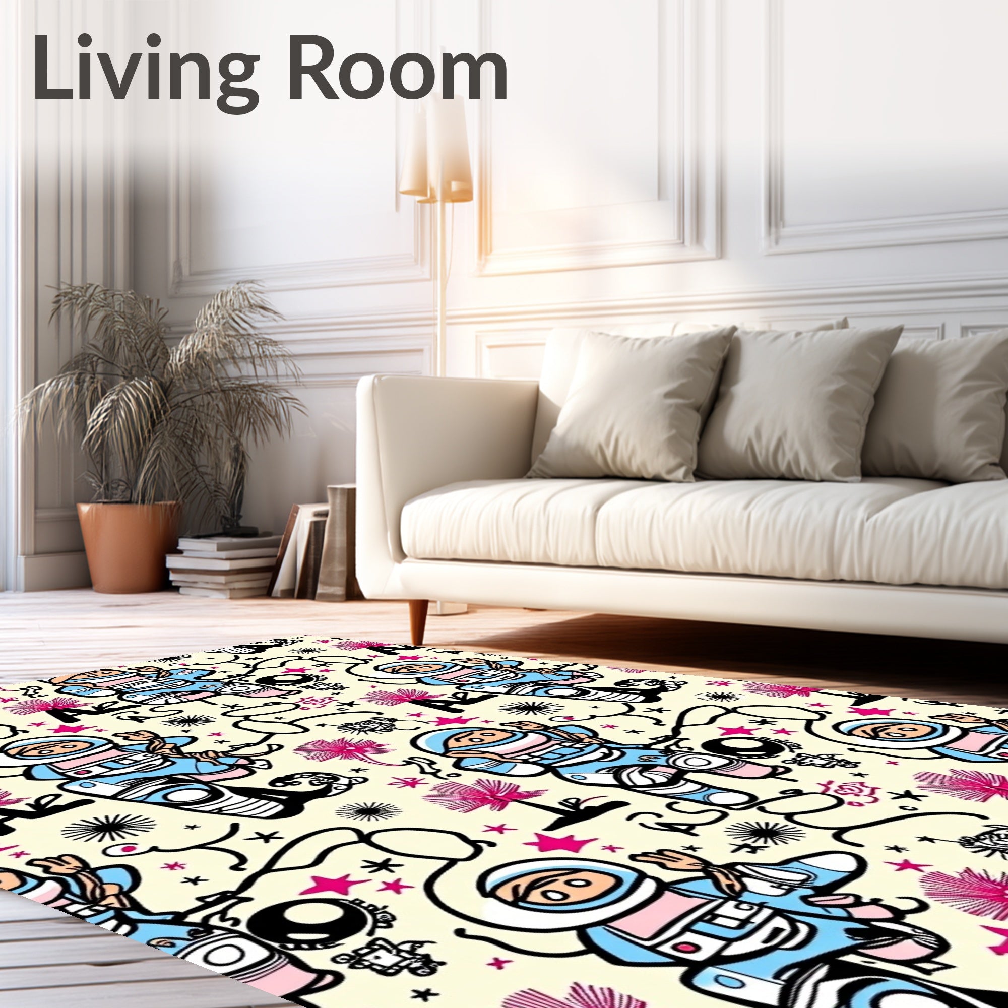 Whimsical Astronaut Space Graffiti Rag Rug