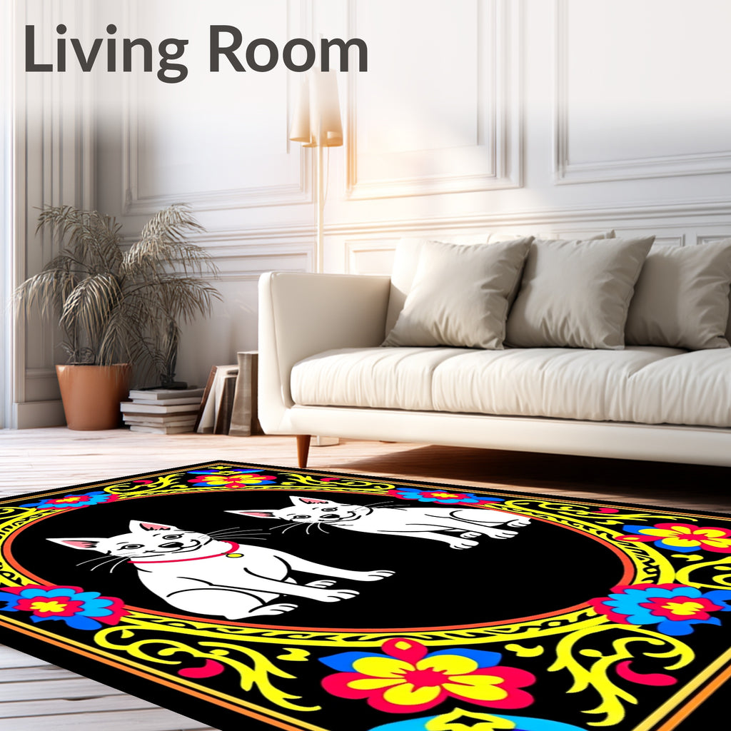 Vibrant Floral Frame Two Cats Oval Rug