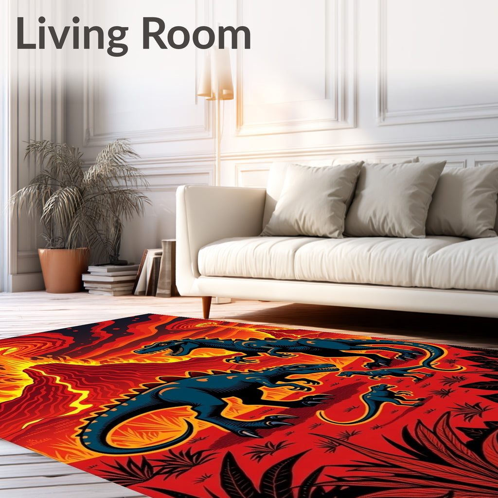 Fiery Volcano Dinosaur Family Scene Rug